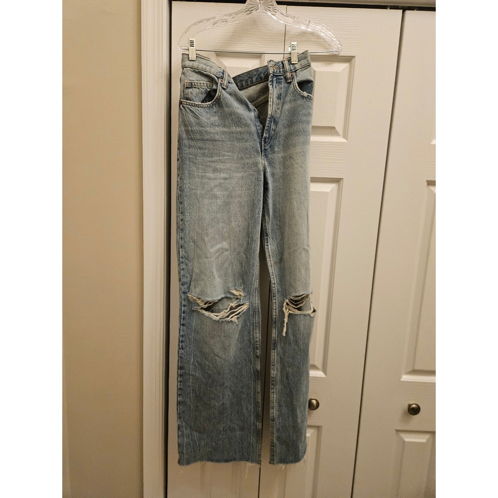 Zara Women Light Wash Distressed Wide Leg High Rise Jeans Blue Size 4 26